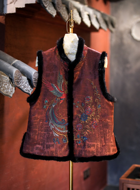 蓝大原创女装保暖水貂毛拼接重工刺绣真丝香云纱加绒国潮马夹5604