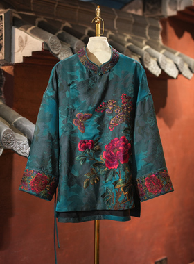 蓝大原创女装精美花朵刺绣立领长袖大码青色真丝香云纱上衣5836
