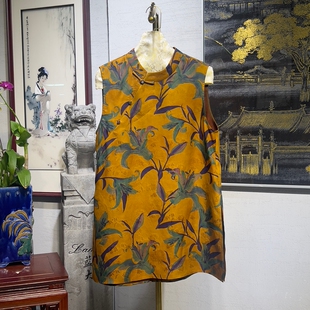 上衣5123 真丝香云纱中长大码 蓝大原创女装 中国风百合印花立领无袖