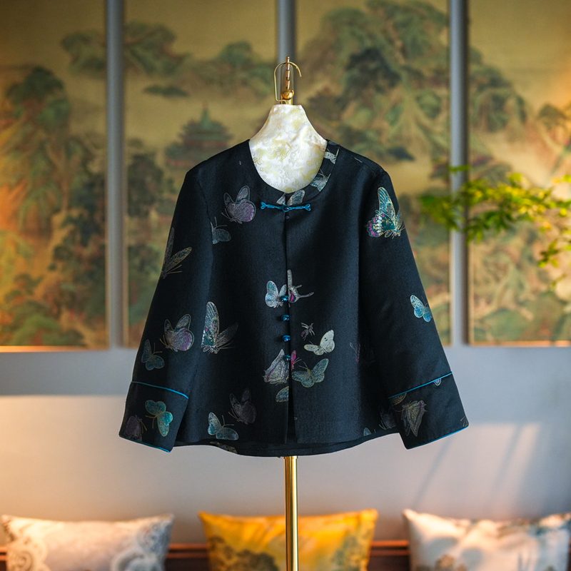 蓝大新中式桑蚕丝黑色蝴蝶外套