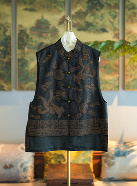 蓝大原创女装重工刺绣单排扣立领无袖真丝香云纱黑色显瘦马甲7613