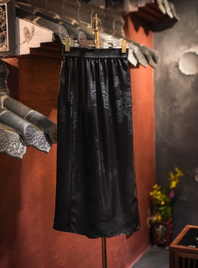 蓝大原创女装新中式黑色松紧腰真丝香云纱直筒阔腿显瘦长裤5656