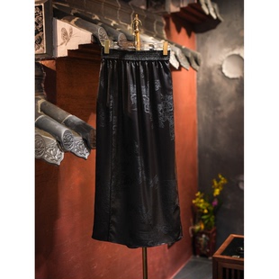 蓝大原创女装新中式黑色松紧腰真丝香云纱直筒阔腿显瘦长裤5656