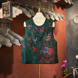 蓝大原创女装 超仙花朵刺绣圆领老缎桑蚕丝国风绿色马甲外套5946