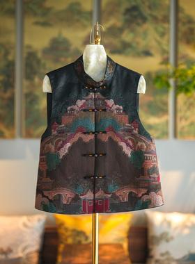 蓝大原创女装国风亭台楼阁刺绣单排扣立领真丝黑色香云纱马夹5323