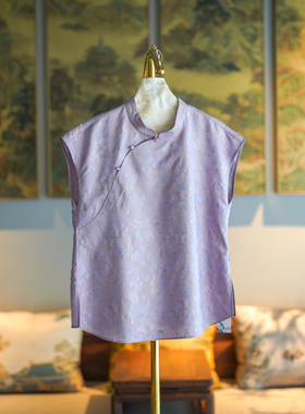 蓝大原创女装国风古韵粉紫色斜襟盘扣立领桑蚕丝花萝短袖上衣7938