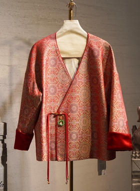 蓝大原创新中式V领长袖桑蚕丝宋锦宽松百搭红色流苏外套9839