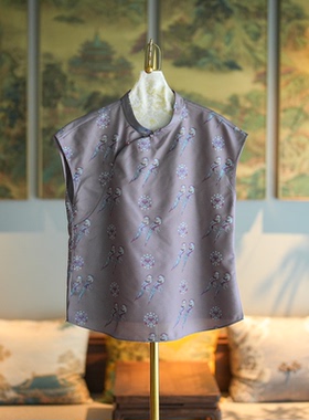 蓝大原创女装端庄韵味紫色桑蚕丝花萝立领大码新中式上衣7956