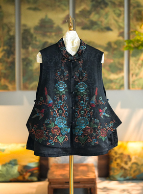 蓝大原创女装重工撞色刺绣立领桑蚕丝宋锦国潮黑色不规则马夹5503