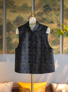 蓝大原创女装新中式立领无袖单排扣大码真丝香云纱黑色马甲5329