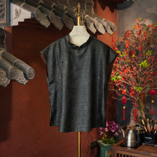 真丝香云纱大码 遮肉上衣4034 复古斜襟盘扣立领短袖 蓝大原创女装