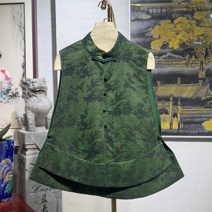 蓝大原创女装 绿色显白单排扣立领宽松桑蚕丝百搭马甲7608 新中式