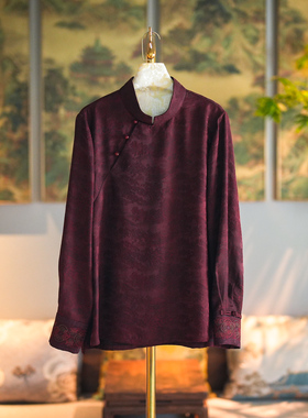 蓝大原创女装喜宴回门古红色立领长袖大码真丝香云纱刺绣上衣5395