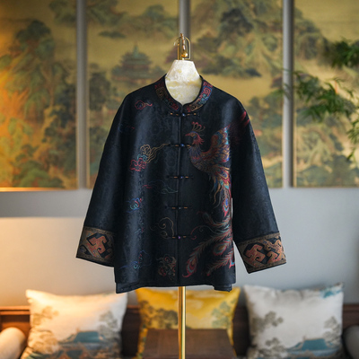 蓝大新中式桑蚕丝凤凰刺绣外套
