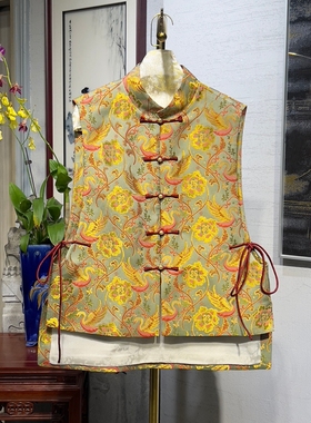 蓝大原创女装新中式高贵金色立领无袖桑蚕丝宋锦不规则马甲5178