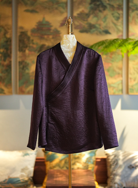 蓝大原创女装简约日常v领长袖新中式大码醋酸紫色上衣7061