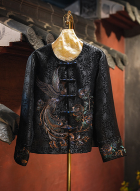 蓝大原创女装高档桑蚕丝宋锦新中式圆领重工刺绣百搭黑色外套5632