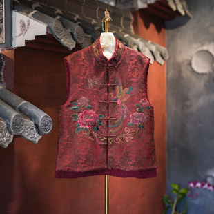 蓝大原创女装中国风凤凰牡丹刺绣桑蚕丝宋锦加绒保暖红色马甲5724