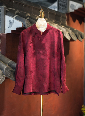 蓝大原创女装国风喜宴红色大码立领长袖真丝香云纱日常上衣5626