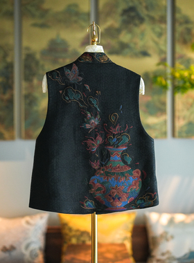 蓝大原创女装国潮重工瓷器刺绣立领黑色百搭真丝香云纱马甲5327