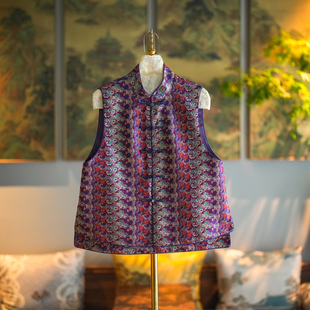 日常国风立领单排扣宽松百搭桑蚕丝蜀锦马甲外套5390 蓝大原创女装