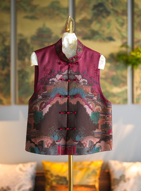 蓝大原创女装国潮红色立领单排扣亭台楼阁刺绣真丝香云纱马甲5307