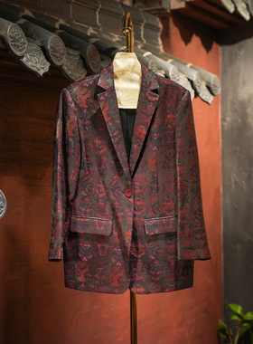 蓝大原创女装职业红色一粒扣长袖桑蚕丝宋锦高级感西装外套5570