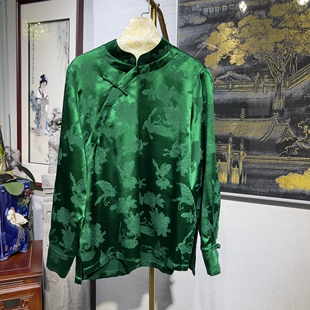 蓝大原创女装 绿色上衣7457 重工提花立领斜襟盘扣桑蚕丝从·长袖