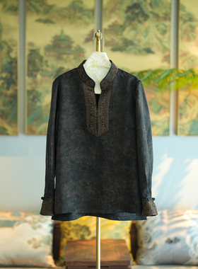 蓝大原创女装高端真丝香云纱刺绣大码新中式黑色显瘦上衣7503