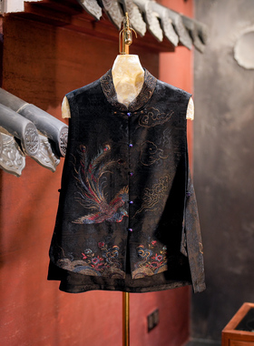 蓝大原创女装精美孔雀刺绣单排扣立领黑色真丝香云纱百搭马甲5588
