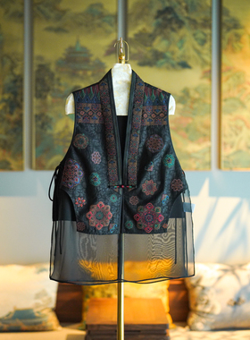 蓝大原创女装设计感刺绣真丝香云纱拼接欧根绡国朝百搭马甲7803