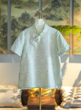 蓝大原创女装小清新绿色显白短袖斜襟盘扣桑蚕丝花萝大码上衣7567