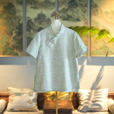 蓝大桑蚕丝2025夏绿色花萝上衣