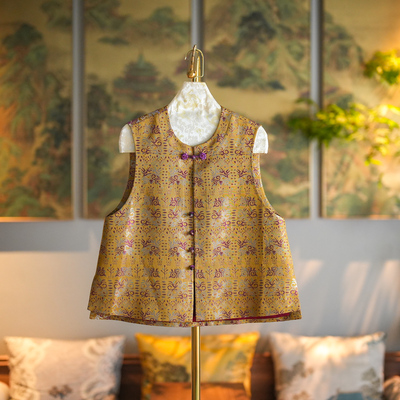 蓝大单排扣新中式圆领黄色马甲