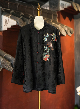 蓝大原创女装国风手工钉珠立领单排扣黑色百搭老料桑蚕丝外套5612