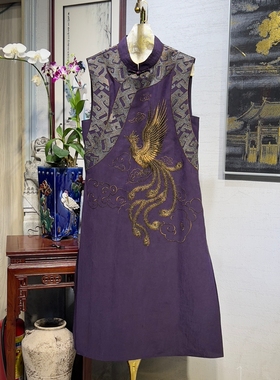 蓝大原创女装重工撞色凤凰刺绣真丝龟裂纹立领无袖紫色连衣裙5445