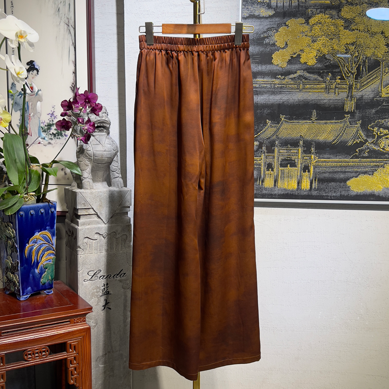 蓝大阔腿裤焦糖色显瘦香云纱