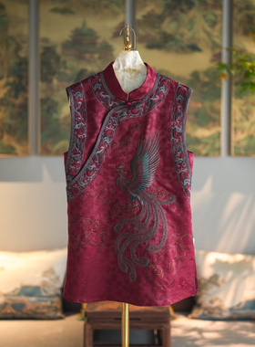 蓝大原创女装重工刺绣喜宴回门红色立领真丝香云纱无袖上衣5472