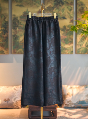 蓝大原创女装新中式休闲黑色显瘦松紧腰直筒真丝香云纱长裤5388