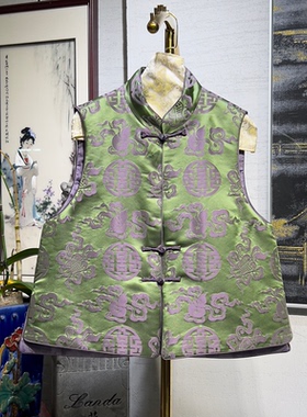 蓝大原创女装中国风双喜八宝立领大码桑蚕丝日常加棉绿色马夹5413