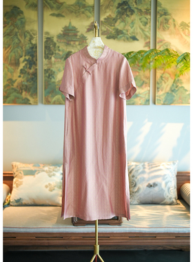 蓝大原创女装简约国风立领斜襟盘扣短袖桑蚕丝中长粉色连衣裙7539