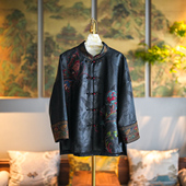 蓝大原创女装 高级感黑色百搭单排扣立领真丝香云纱刺绣外套5241