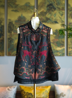 蓝大原创女装国潮重工九色鹿刺绣立领黑色大码真丝香云纱马甲5440