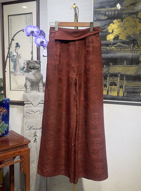 蓝大原创女装国风通勤高腰显瘦直筒阔腿裤红色香云纱休闲长裤7445