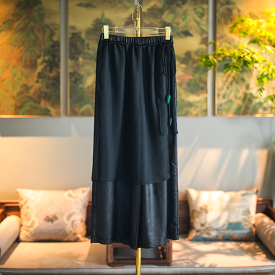 松紧腰新中式蓝大长裤黑色裤