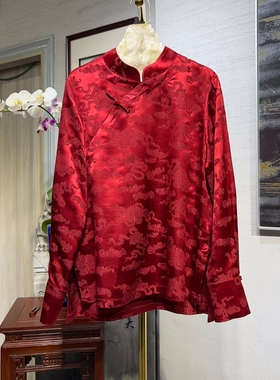 蓝大原创女装新中式喜庆回门红色立领长袖真丝冠乐绉大码上衣5496
