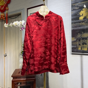 蓝大原创女装新中式喜庆回门红色立领长袖真丝冠乐绉大码上衣5496