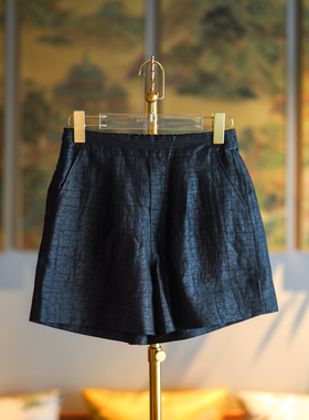 蓝大原创女装日常百搭松紧腰真丝香云纱黑色显瘦a字阔腿短裤7929