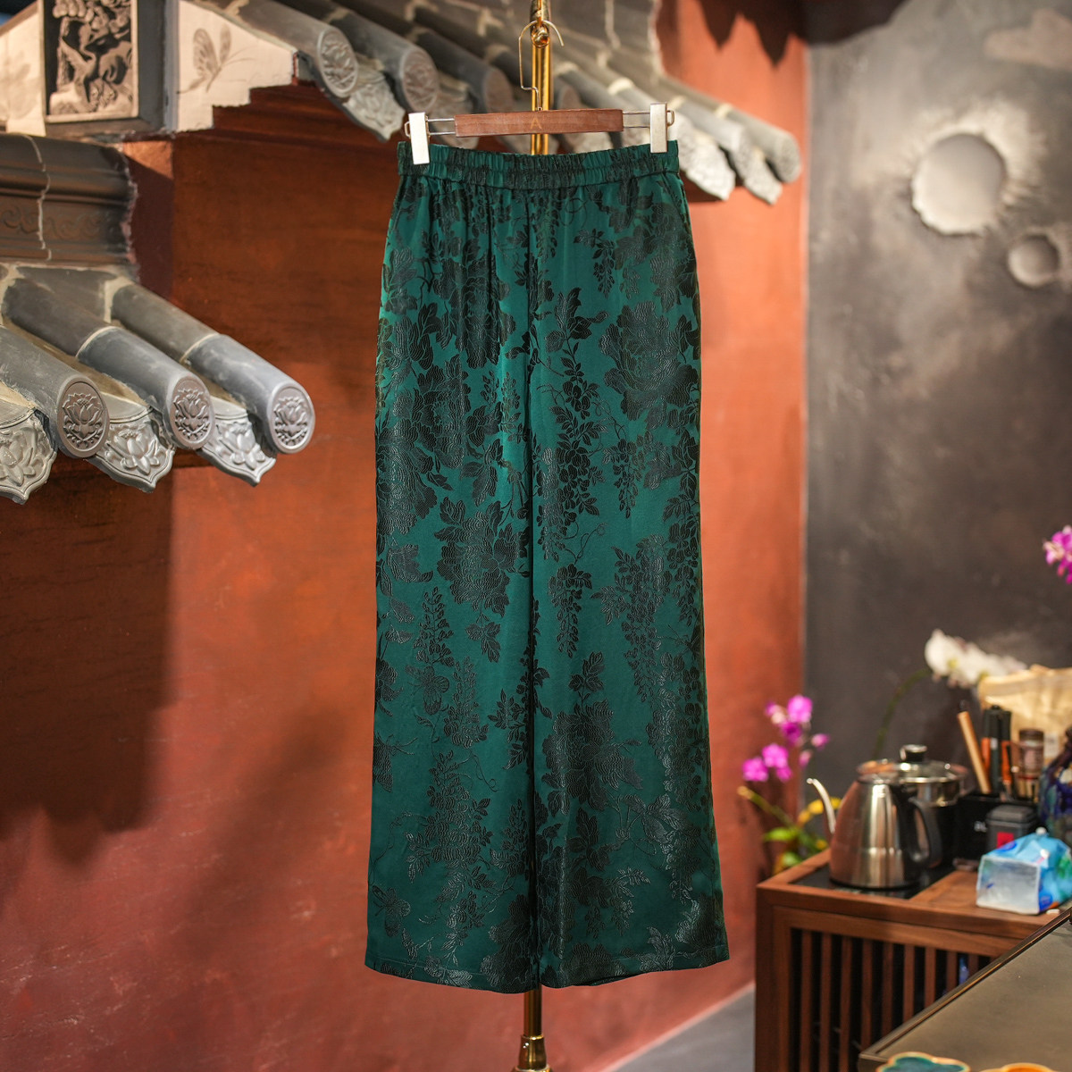 蓝大原创女装新中式显白绿色松紧腰显瘦阔腿真丝香云纱长裤5939,女装/女士精品,裤子,淘宝优惠券,粉丝福利购,淘宝优惠卷