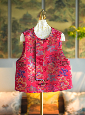 蓝大原创女装中国风龙纹圆领单排扣大码桑蚕丝云锦红色马夹5313